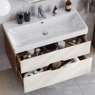 Тумба под раковину Акватон Оливия 90см бежевый/дуб веллингтон 1A254401OLVG0