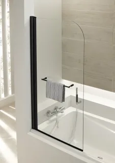 Шторка для ванны Jacob Delafon Odeon Up E4932-BL с полотенцедержателем 80 см профиль чёрный стекло прозрачное