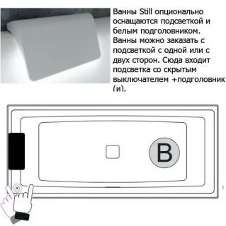 Акриловая ванна с подсветкой Riho Still Square LED B100004005 170х75см светодиоды и подголовник слева белый