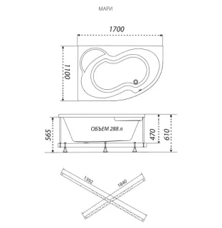 Акриловая ванна Triton Мари Щ0000046667 правая 170x110 см на Х-каркасе белый