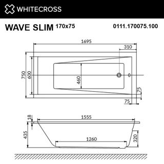 Гидромассажная ванна WHITECROSS Wave Slim 0111.170075.100.LINENANO.GL 170x75 см Line Nano золото