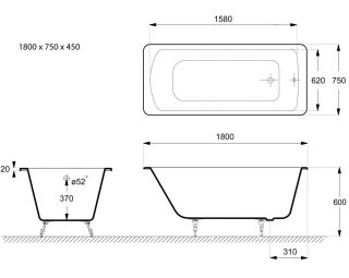 Ванна чугунная Vinsent Veron Devon VDV1807545 180x75см без отверстий для ручек