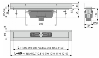 Душевой лоток AlcaPlast с порогами для цельной решетки с воротником к стене 95см хром APZ1016-950