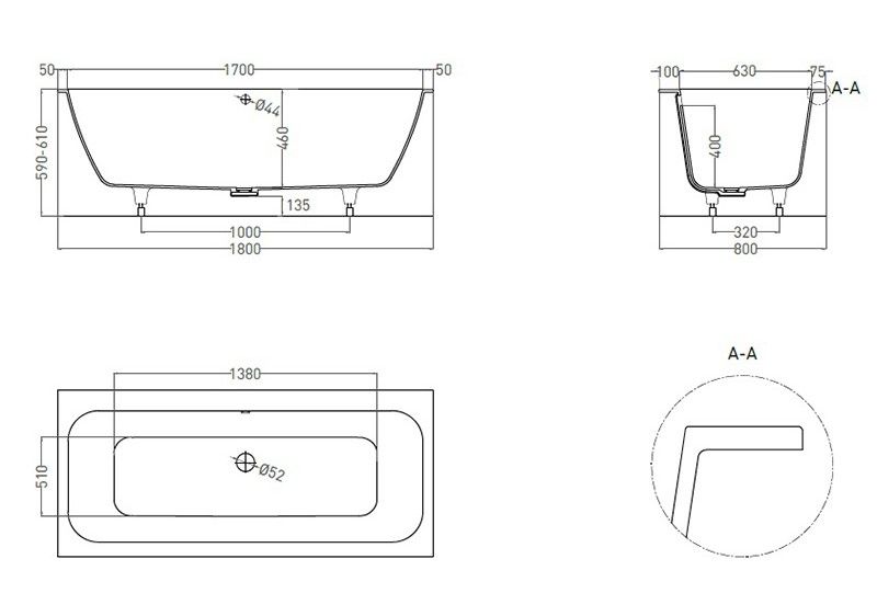 Ванна из искусственного камня Salini Orlanda Axis Kit S-Sense 103312G 180x80см белый глянцевый