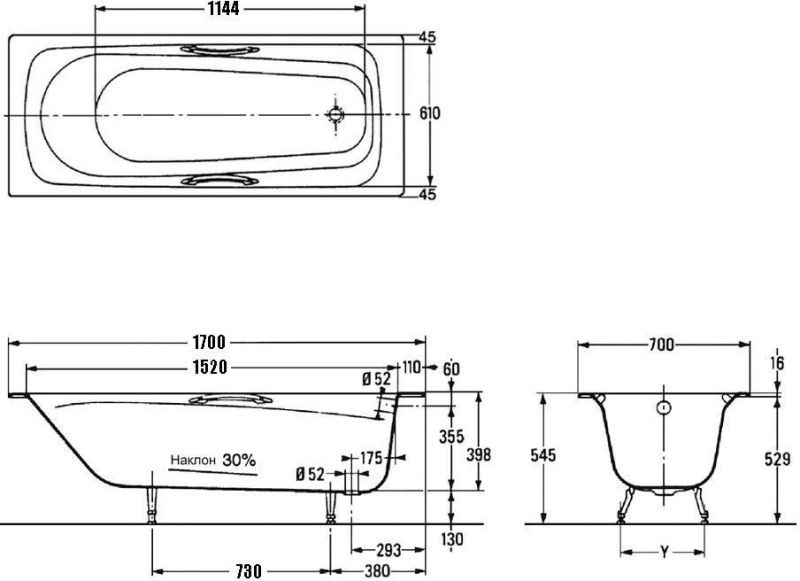 Чугунная ванна  Jacob Delafon  MELANIE E2925-00 170 x 70