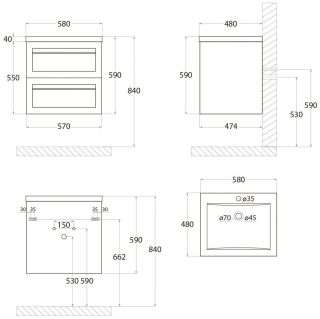 Подвесная тумба под раковину Art&Max Platino 58см белый глянцевый AM-Platino-580-2C-SO-BL