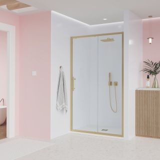 Душевая дверь Veconi Evo 100 G, 1600x1950, золото брашинг, стекло прозрачное