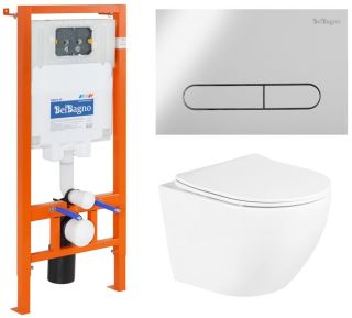 Комплект 3 в 1 BelBagno BB3105CHR/SC/BB002-80/BB005-PR-CHROME унитаз подвесной с сиденьем UNO BB3105CHR/SC система инсталляции для унитазов BB002-80  с кнопкой смыва BB005-PR-CH