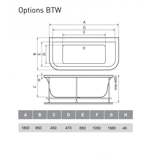 Акриловая ванна Vayer Options BTW 180x85 Гл000006810 без гидромассажа