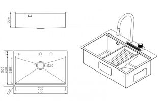 Мойка для кухни Milacio Denia 75 Steel MC.77420 в комплекте со смесителем и коландером нержавеющая сталь