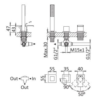Смеситель на борт ванны с выдвижным душем и переключателем, белый матовый Cezares PORTA-BVDM3-BIO