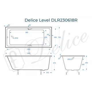 Ванна чугунная Delice Level DLR230618R 140х70 с отверстиями под ручки