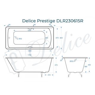 Ванна чугунная Delice Prestige DLR230615R-AS 170х80 с отверстиями под ручки и антискользящим покрытием