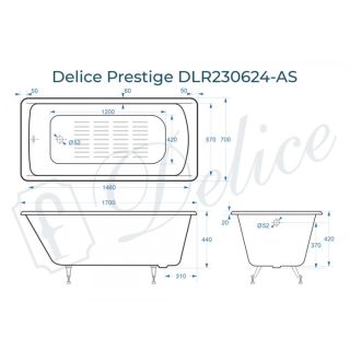 Ванна чугунная Delice Prestige DLR230624-AS 170х70 с антискользящим покрытием