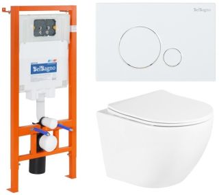 Комплект 3 в 1 BelBagno BB3105CHR/SC/BB002-80/BB014-SR-BIANCO унитаз подвесной с сиденьем UNO BB3105CHR/SC система инсталляции для унитазов BB002-80 с кнопкой смыва BB014-SR-BIANCO