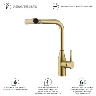 Смеситель для кухни Splenka S206.49.03 с мультифункциональным изливом золотой сатин