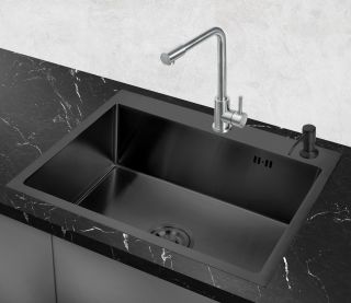 Кухонная мойка РМС MR-5843BL с корзиной и дозатором воронёная сталь