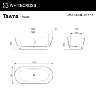 Ванна из искусственного камня WHITECROSS Tawna 0218.180080.2XXXX 180x80 см RAL мат